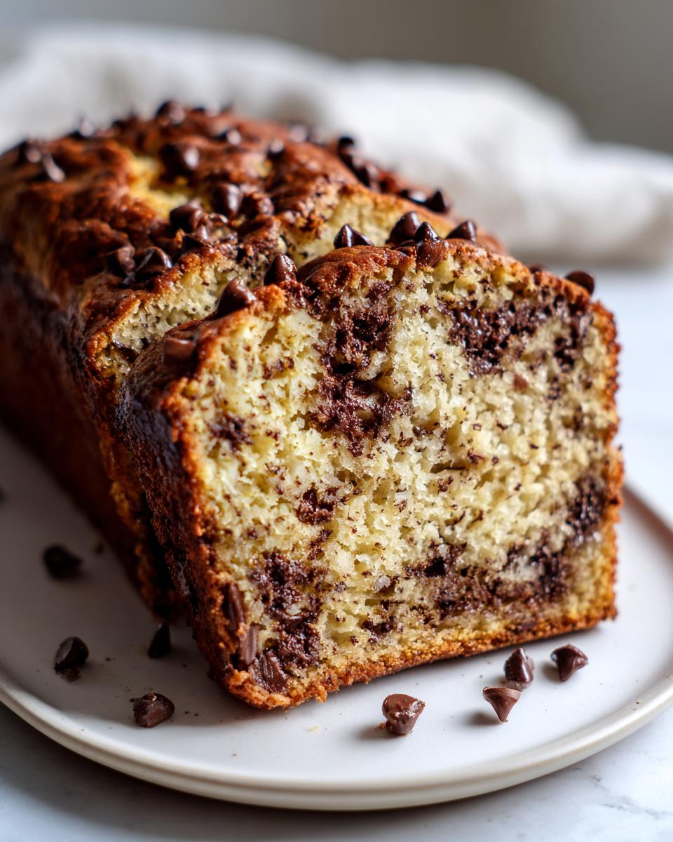 A close-up of a moist chocolate chip banana bread loaf, showing a thick slice revealing rich chocolate swirls and chips.
