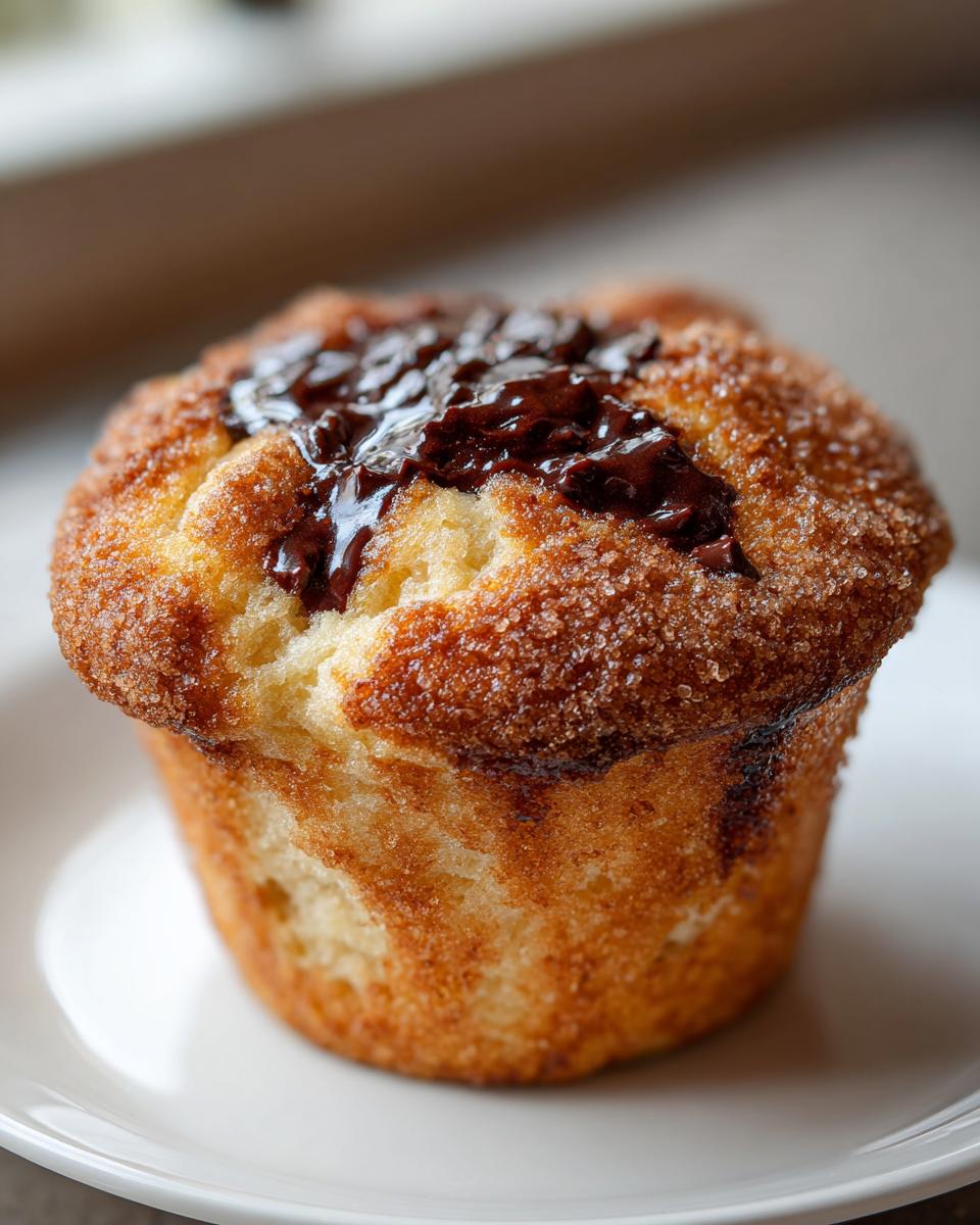 Close-up of a moist chocolate chip muffin topped with coarse sugar and melted chocolate.