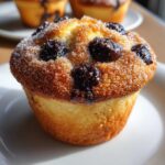 Close-up of a golden brown chocolate chip muffin topped with coarse sugar crystals and melted chocolate pieces.
