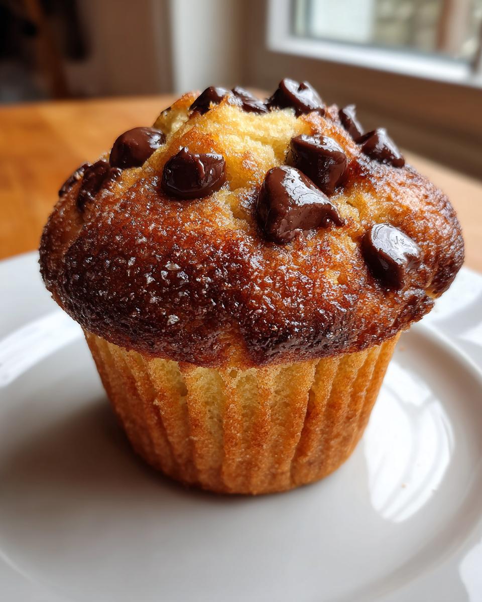 Close-up of a perfectly baked chocolate chip muffin with a golden-brown, slightly caramelized top studded with melted chocolate chips.
