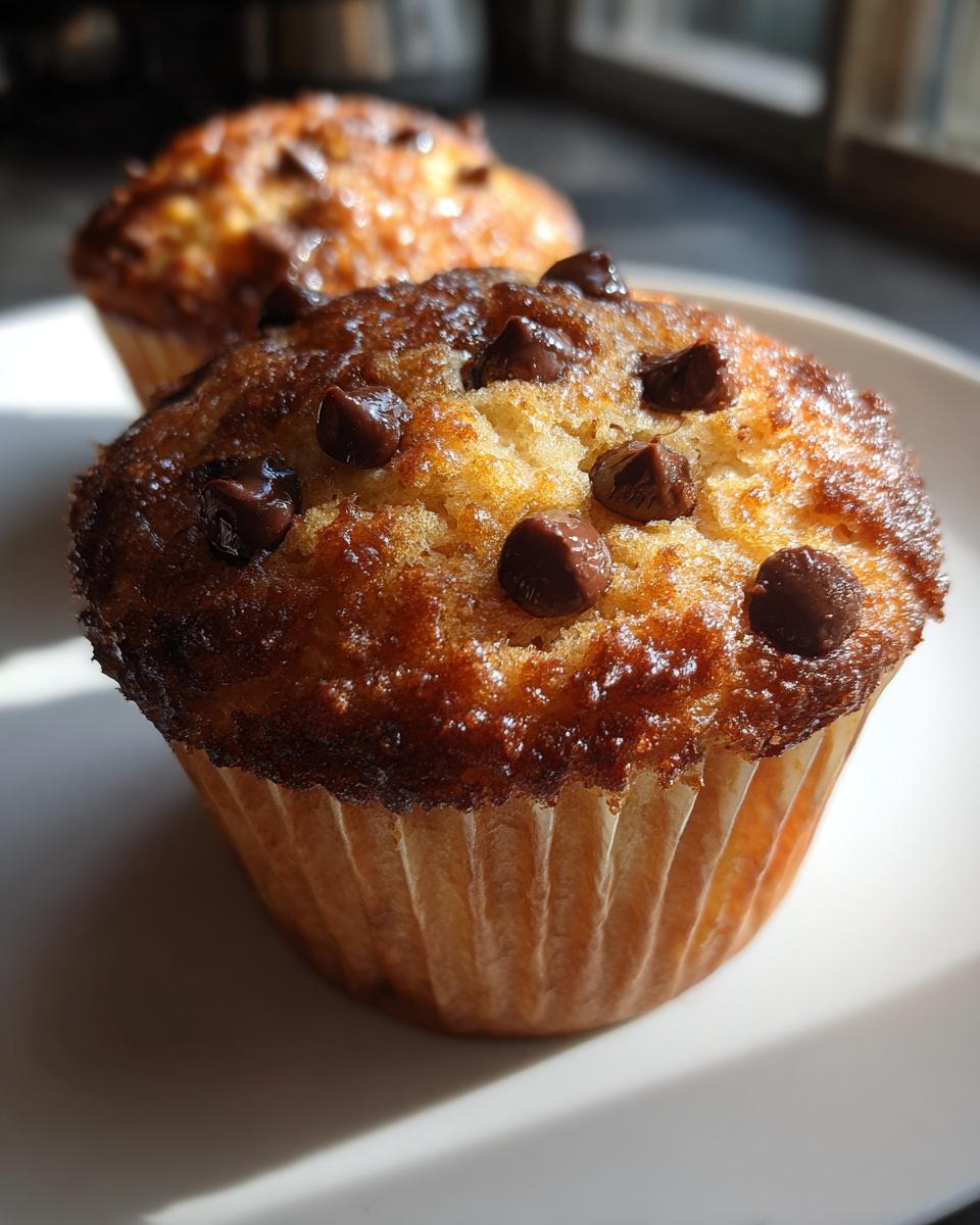Close-up of a freshly baked, moist chocolate chip muffins with melted chips on a white plate.