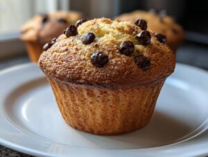Close-up of a perfectly baked, golden brown chocolate chip muffin topped with melted chips, sitting on a white plate.