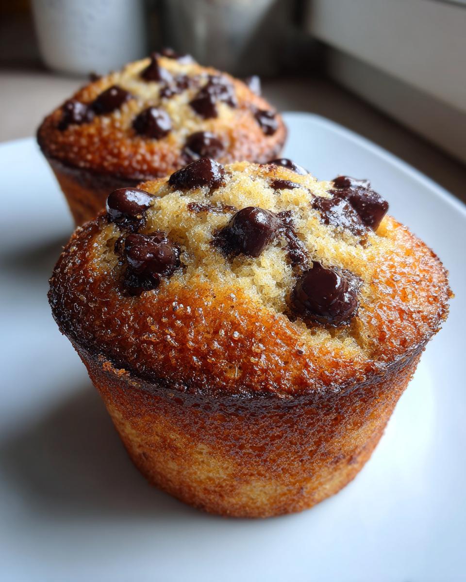 Two golden-brown chocolate chip muffins with melted chocolate chips on top, sitting on a white plate.