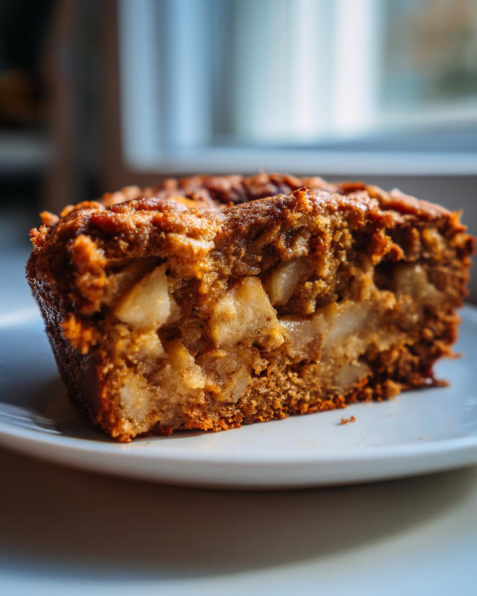 Close-up of a moist slice of jewish apple cake showing chunks of baked apple throughout the crumb.
