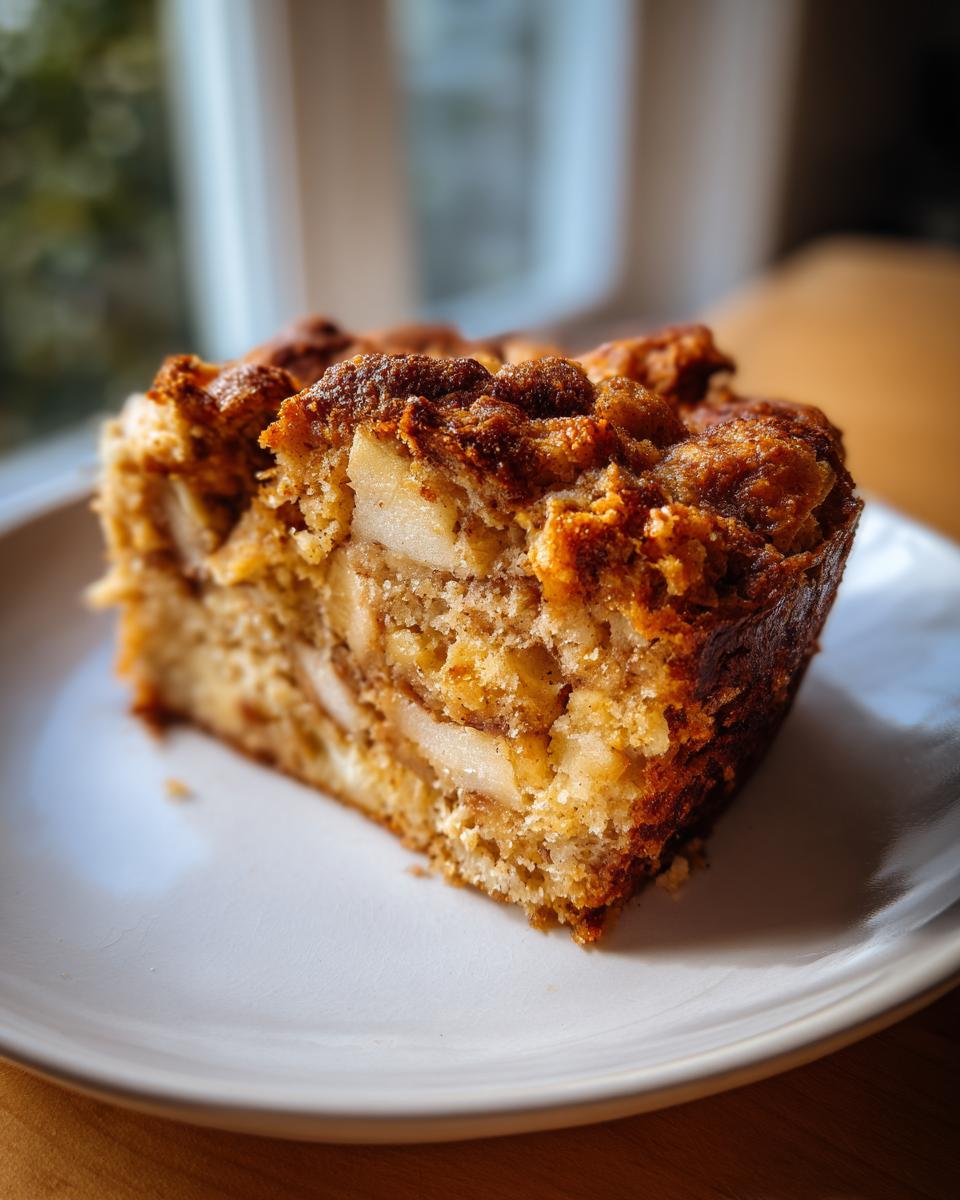 A close-up of a moist slice of jewish apple cake featuring visible apple chunks and a rich cinnamon crumb topping.