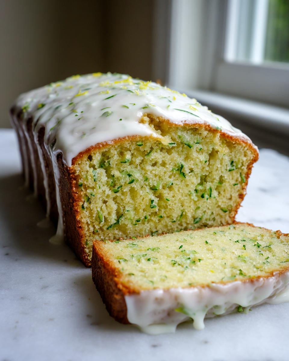 A loaf of moist lemon zucchini bread, partially sliced, topped with white lemon glaze and zest.