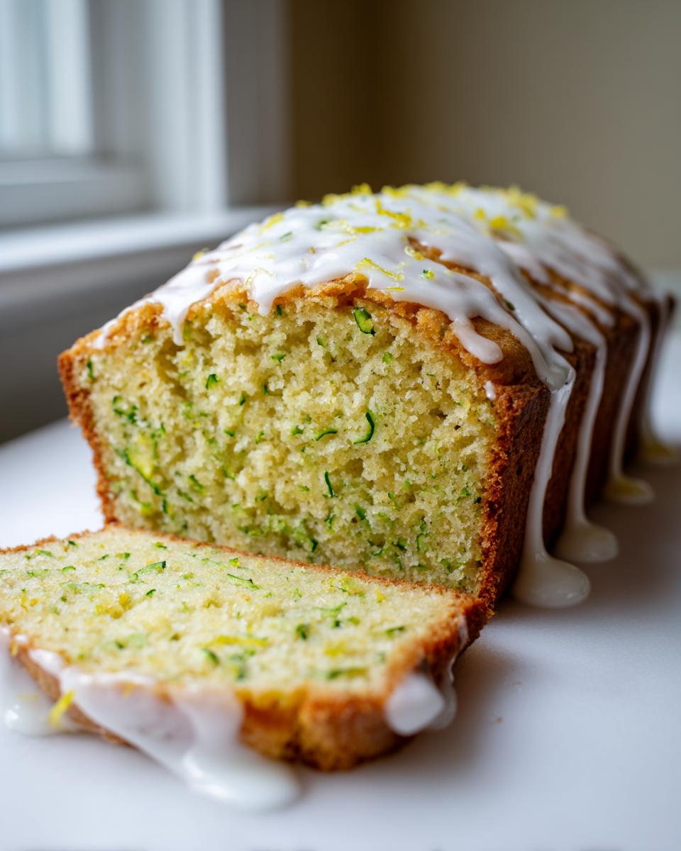 A close-up of sliced lemon zucchini bread topped with a thick white glaze and lemon zest.
