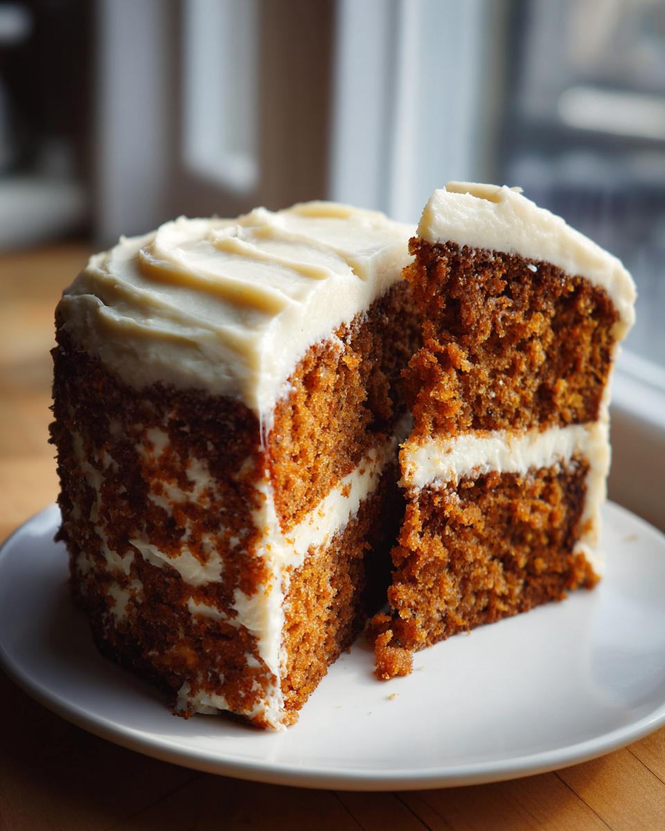 Close-up of a moist, two-layer spice cake with thick cream cheese frosting, cut open on a white plate.