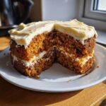 A slice cut from a moist spice cake layered with cream cheese frosting, sitting on a white plate.