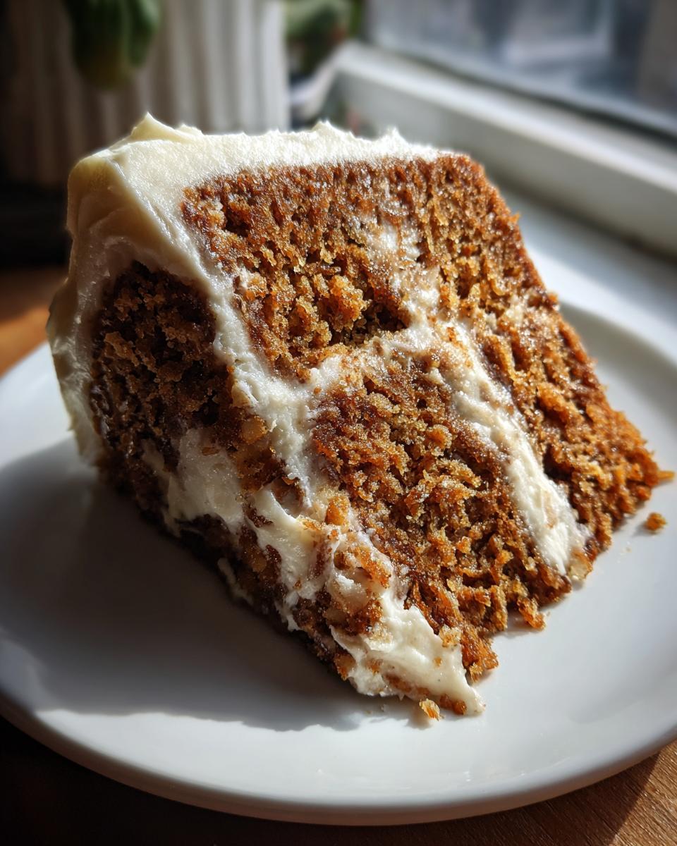 Close-up of a rich, moist slice of spice cake topped with thick cream cheese frosting, sitting on a white plate.