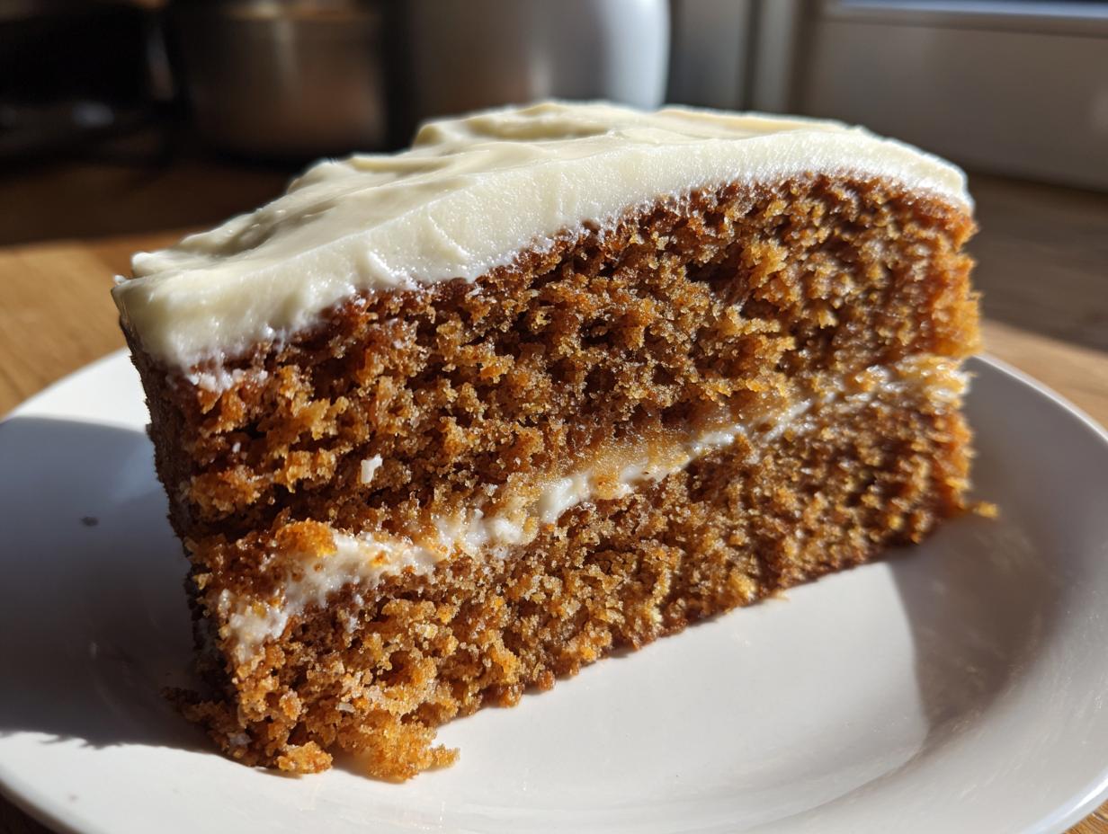 Close-up of a moist slice of brown spice cake layered and topped with thick white cream cheese frosting.