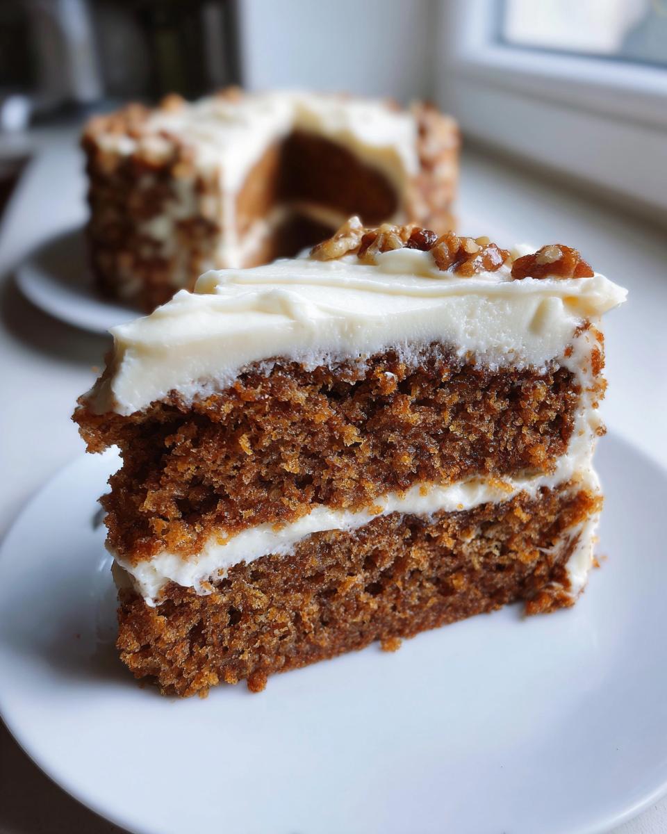 Close-up of a moist slice of spice cake layered with cream cheese frosting and topped with walnuts.