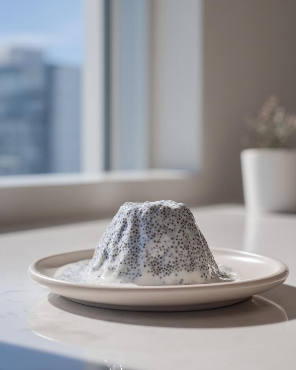 A molded portion of creamy chia seed pudding, dense with black seeds, sits on a small plate.