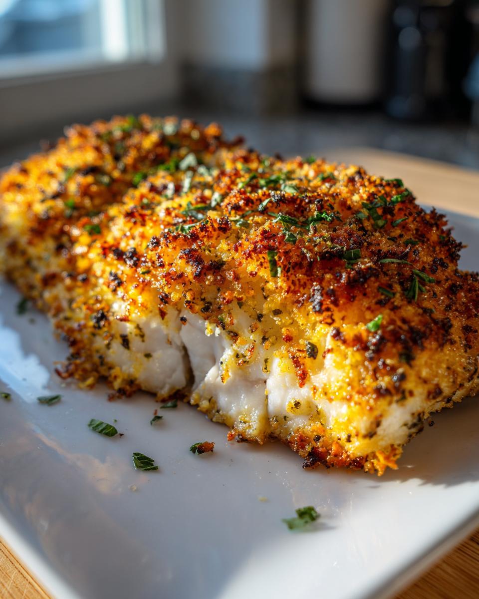 Close-up of a flaky, white fish fillet with a golden, crunchy parmesan crusted tilapia topping, garnished with herbs.