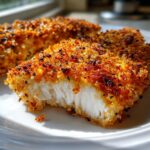 A close-up shot showing the flaky white interior and golden, crispy parmesan crusted tilapia coating.