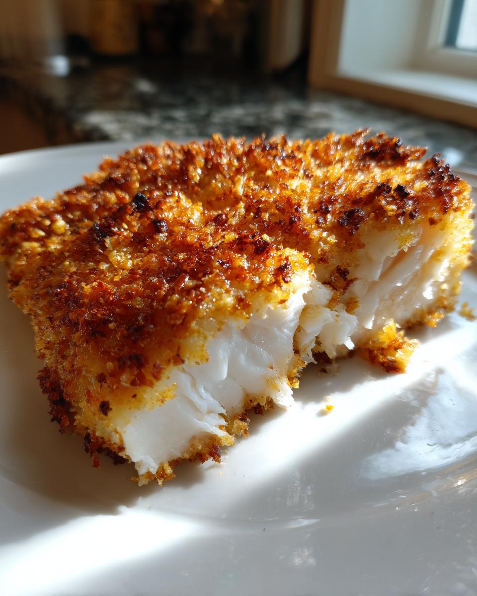 Close-up of a piece of parmesan crusted tilapia showing the flaky white fish inside and a golden-brown crust.