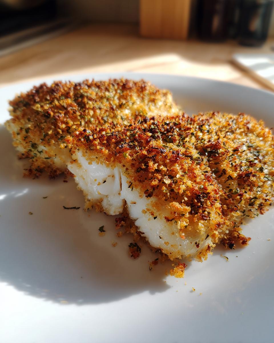 Close-up of flaky white fish with a golden, crispy parmesan crusted tilapia topping.
