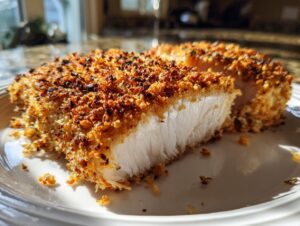 Close-up of a thick, flaky fillet of parmesan crusted tilapia showing the golden brown crust and white interior.