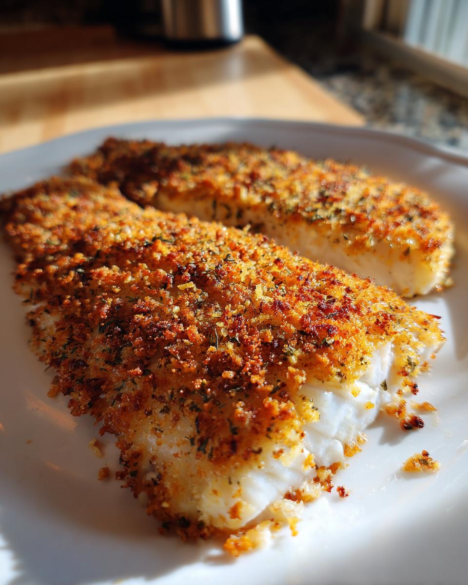 Two golden brown fillets of parmesan crusted tilapia resting on a white plate, showing a flaky interior.