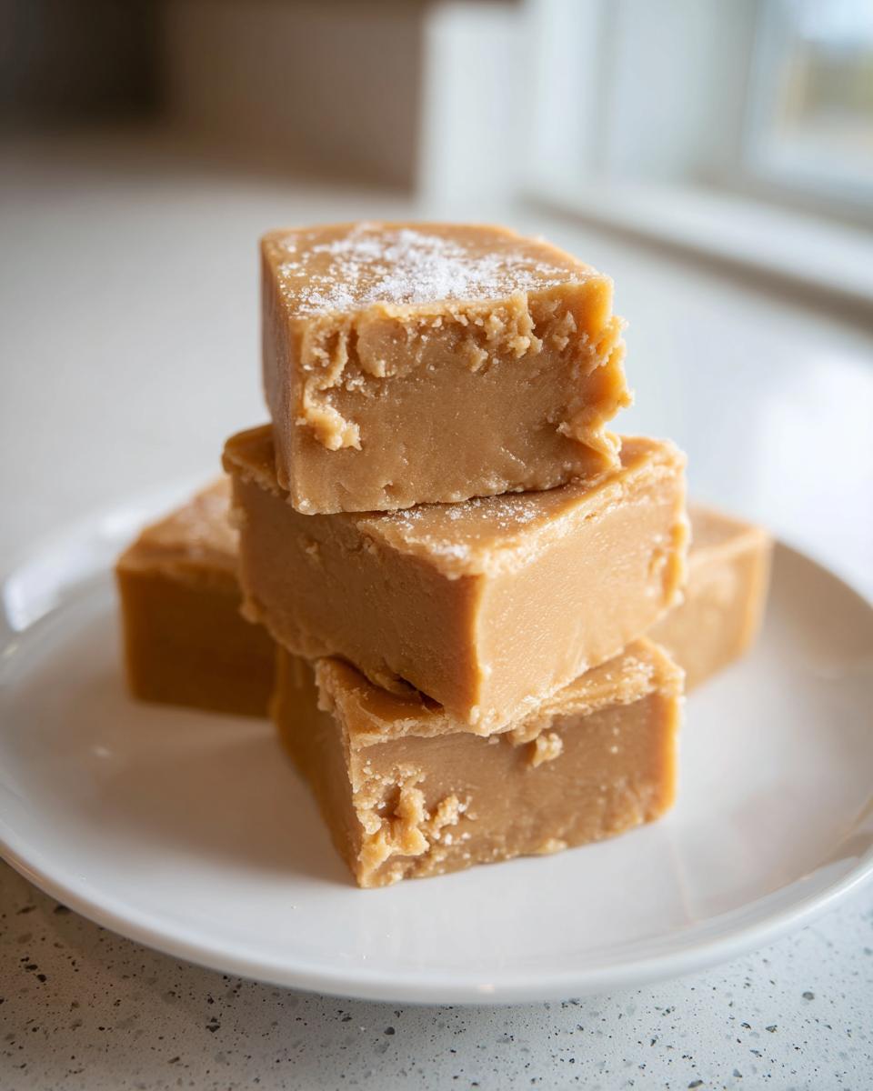 A stack of creamy, light brown peanut butter fudge recipe squares sprinkled with sugar on a white plate.