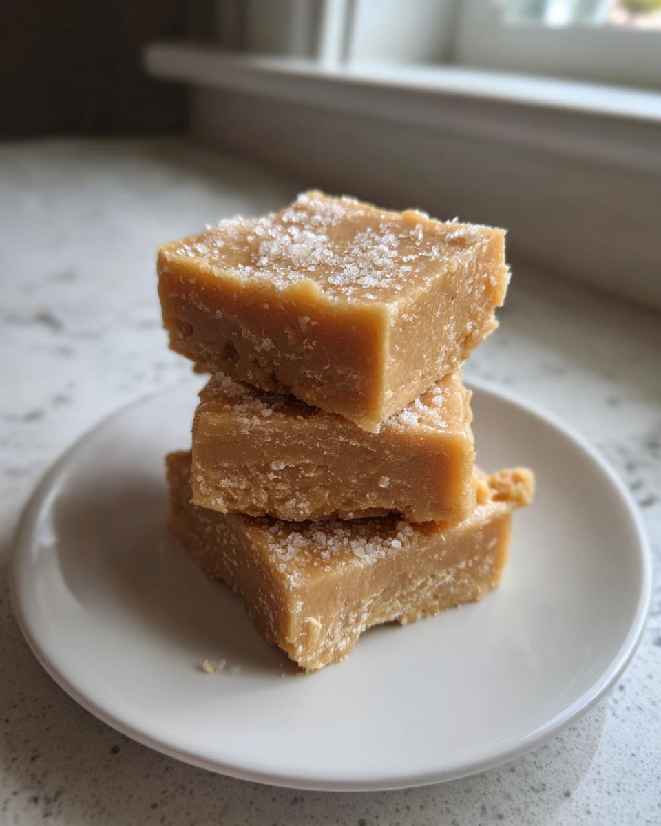 Three stacked squares of creamy peanut butter fudge recipe topped with coarse sea salt.