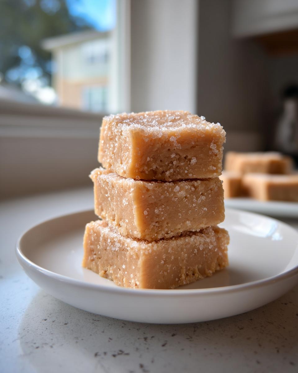 Three squares of creamy peanut butter fudge recipe stacked on a white plate, sprinkled with sugar.