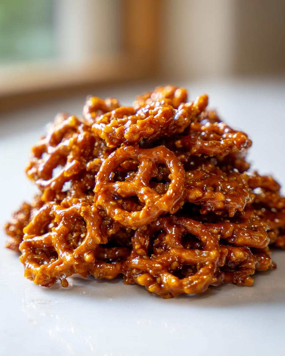 A close-up shot of a pile of glossy, homemade toffee pretzels stacked on a white surface.