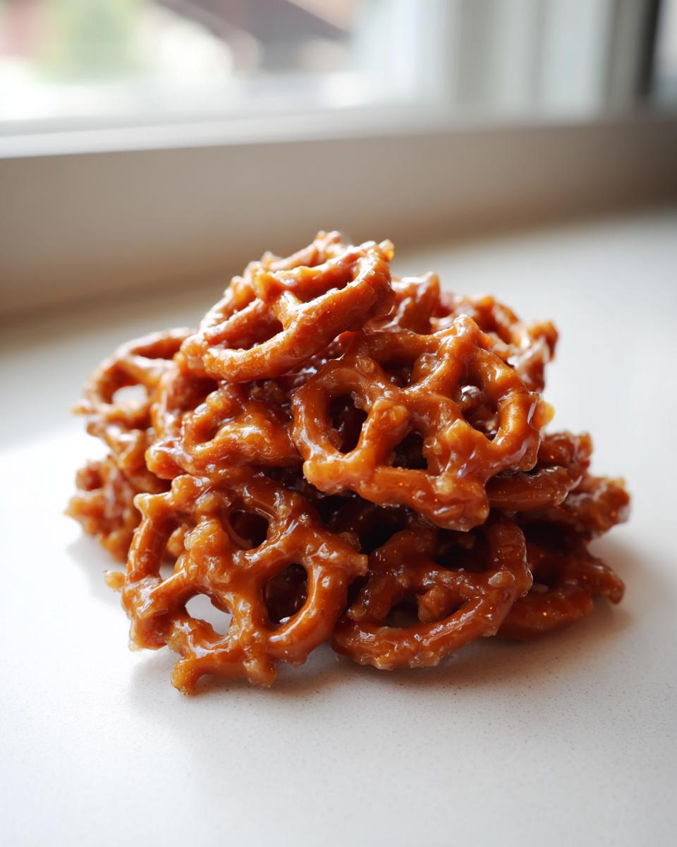 A close-up of a small pile of crunchy, glazed toffee pretzels resting on a white surface near a window.