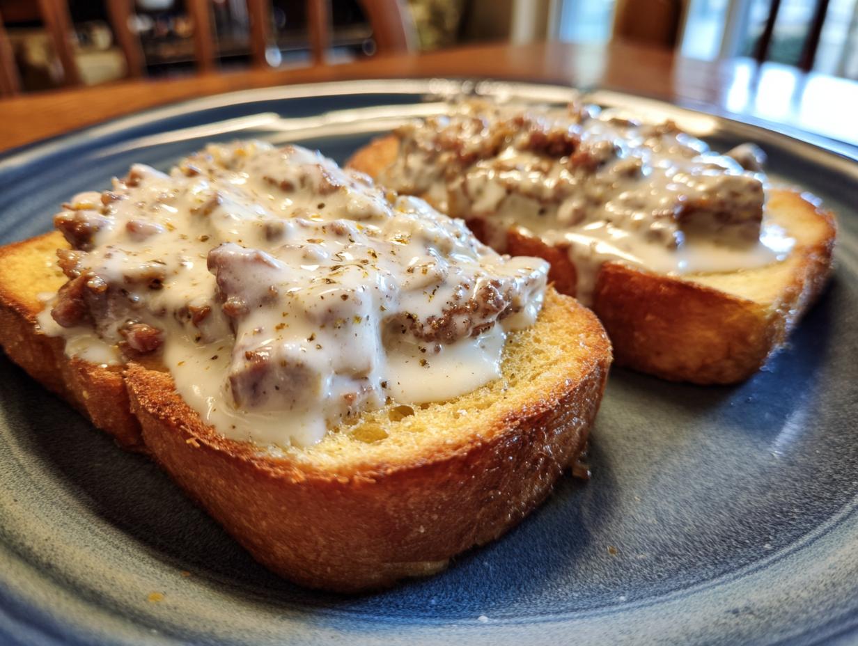 Two slices of golden toast generously topped with creamy chipped beef on toast sauce.