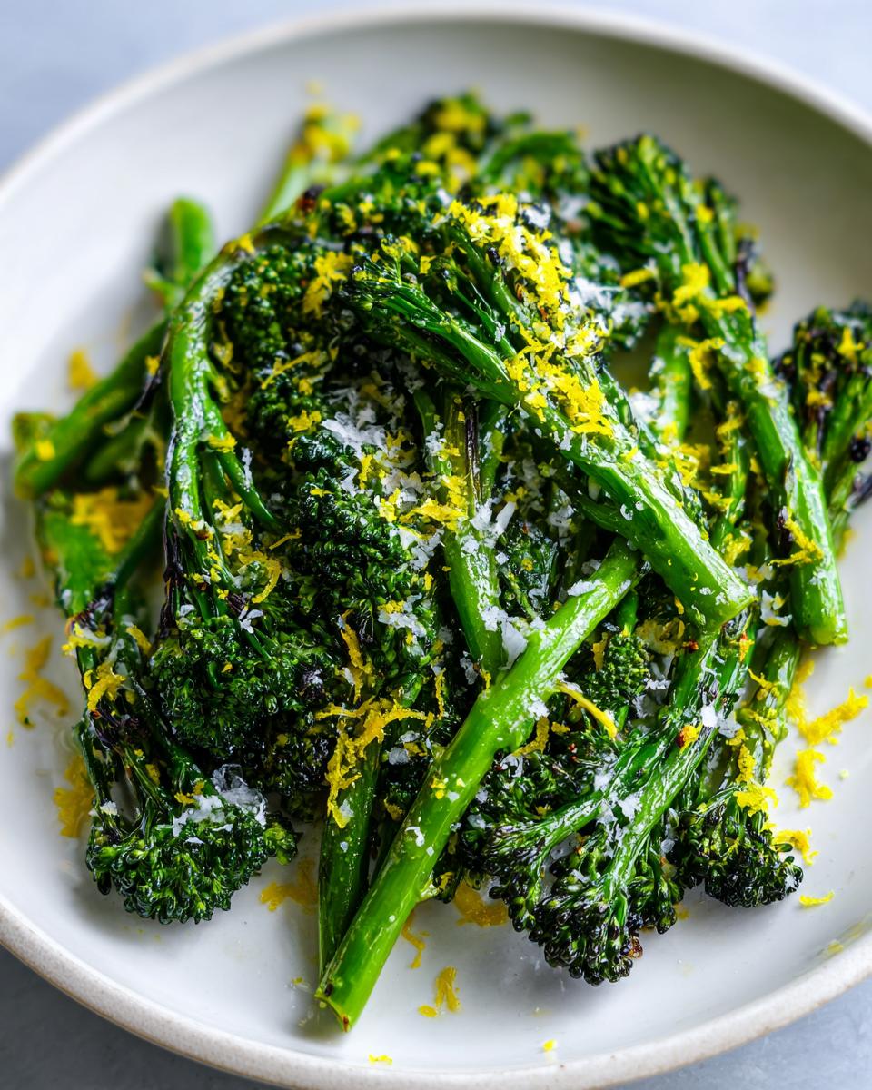 Close-up of roasted broccolini topped generously with bright yellow lemon zest and grated white cheese.
