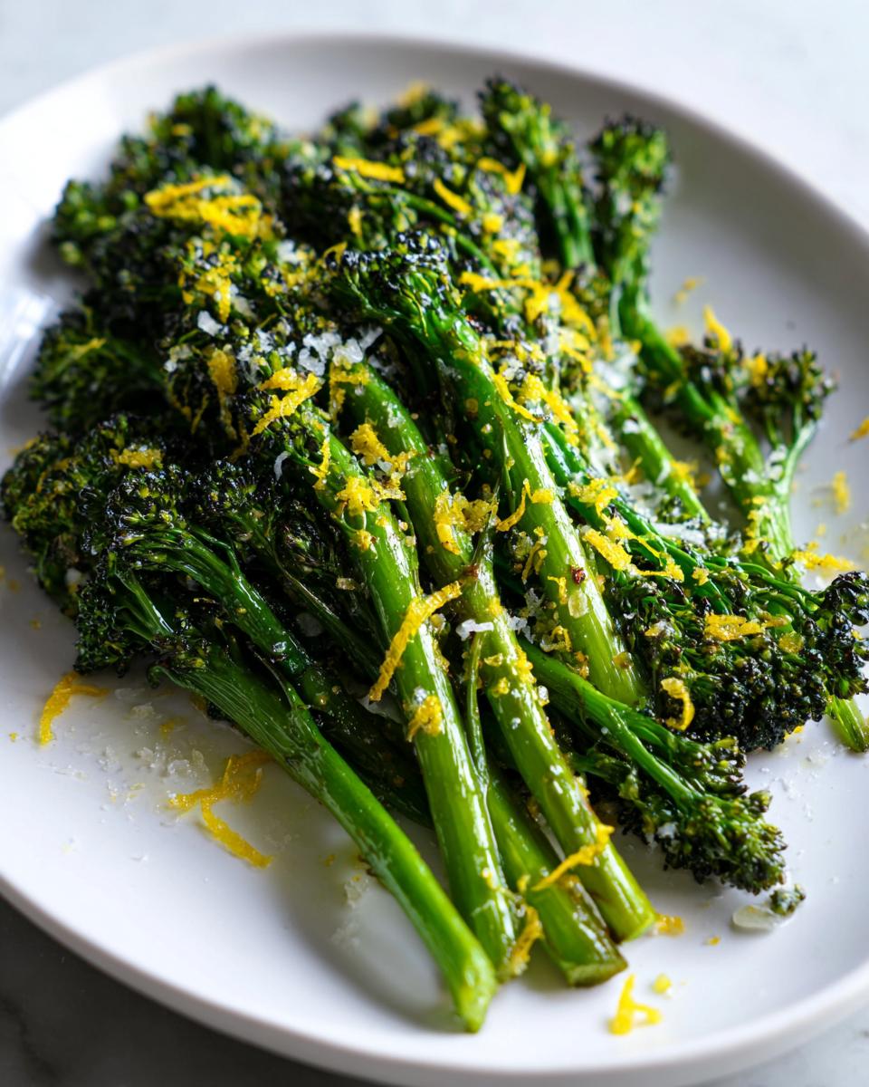 Close-up of bright green roasted broccolini topped with vibrant lemon zest and grated cheese.