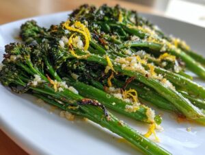 Close-up of perfectly roasted broccolini topped with coarse salt and bright yellow lemon zest.