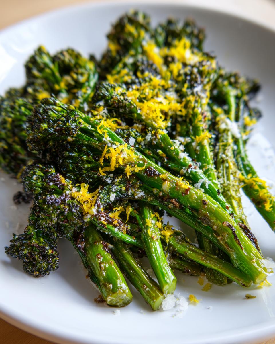 Close-up of perfectly roasted broccolini topped with bright yellow lemon zest and grated cheese.