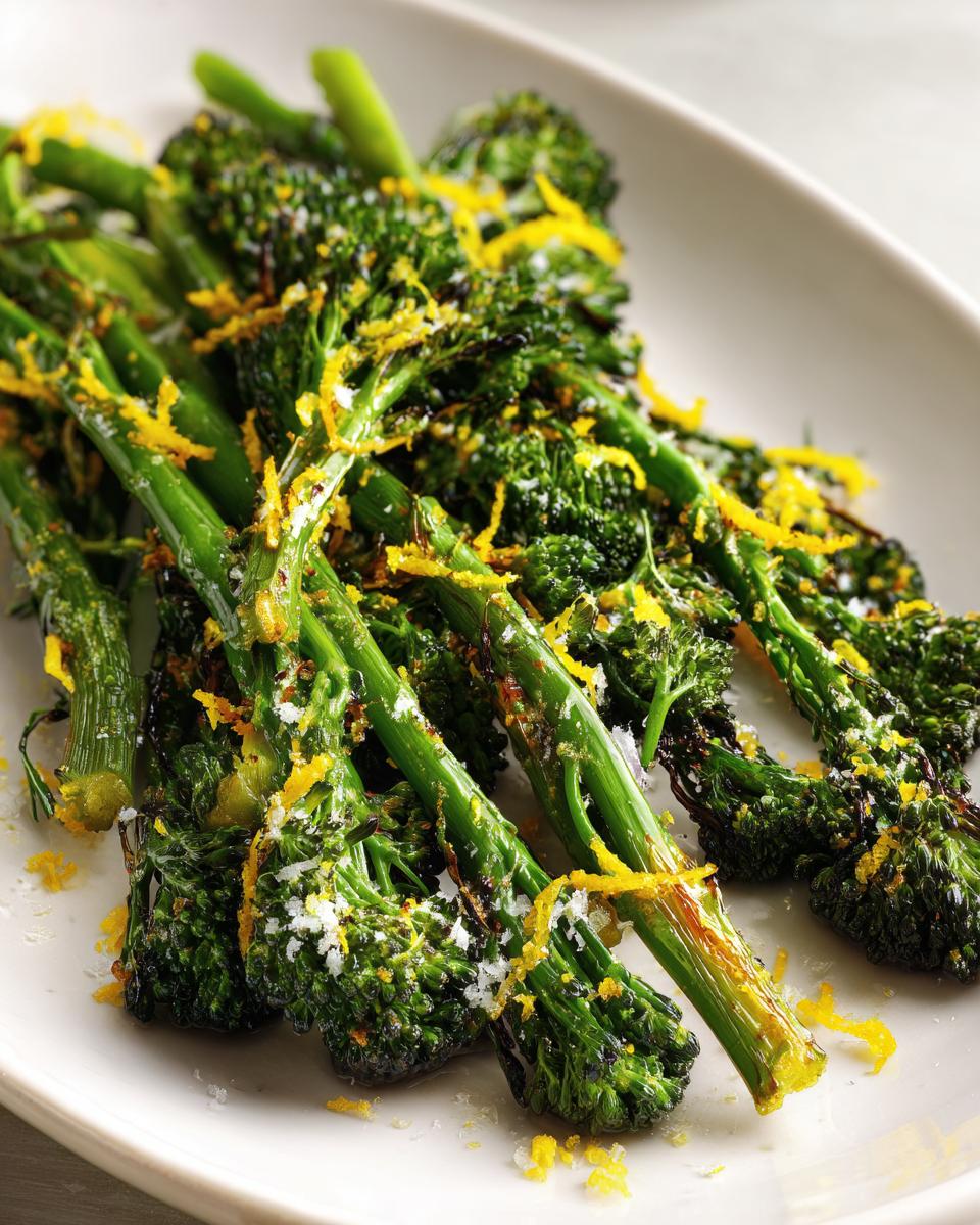 Close-up of roasted broccolini stalks topped with bright yellow lemon zest and coarse white salt.