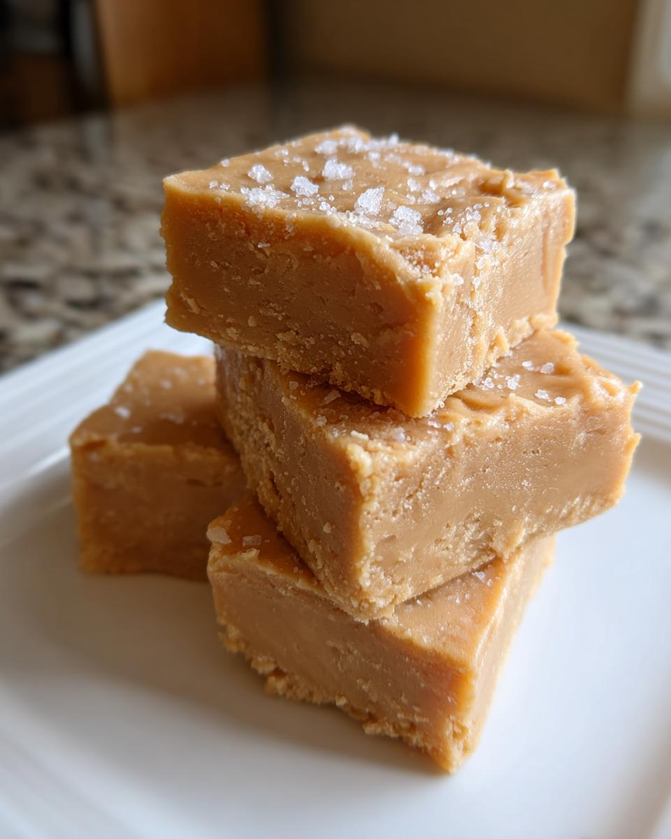 Four squares of creamy peanut butter fudge recipe stacked on a white plate, topped with sea salt flakes.