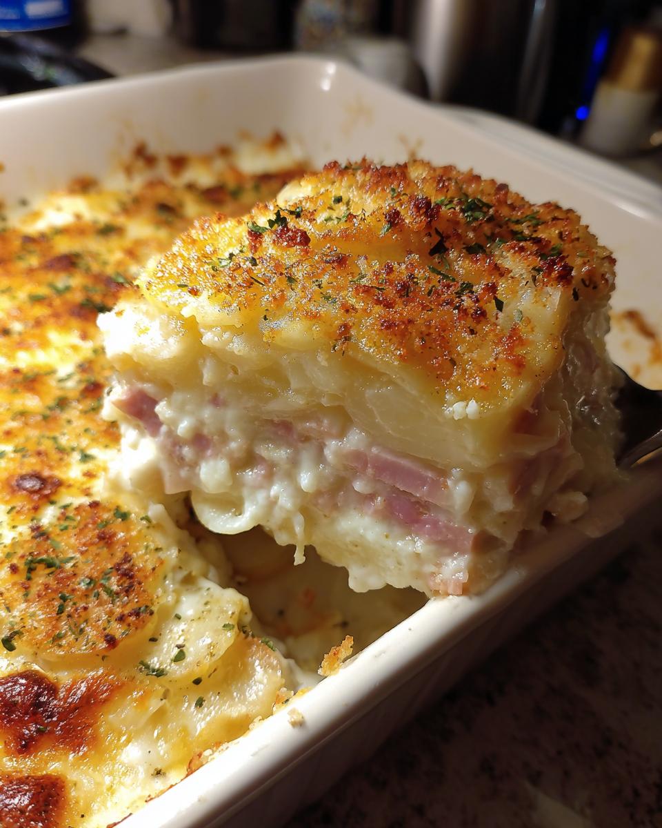 A serving of creamy scalloped potatoes and ham being lifted from a white baking dish, showing layers and a golden, herbed crust.