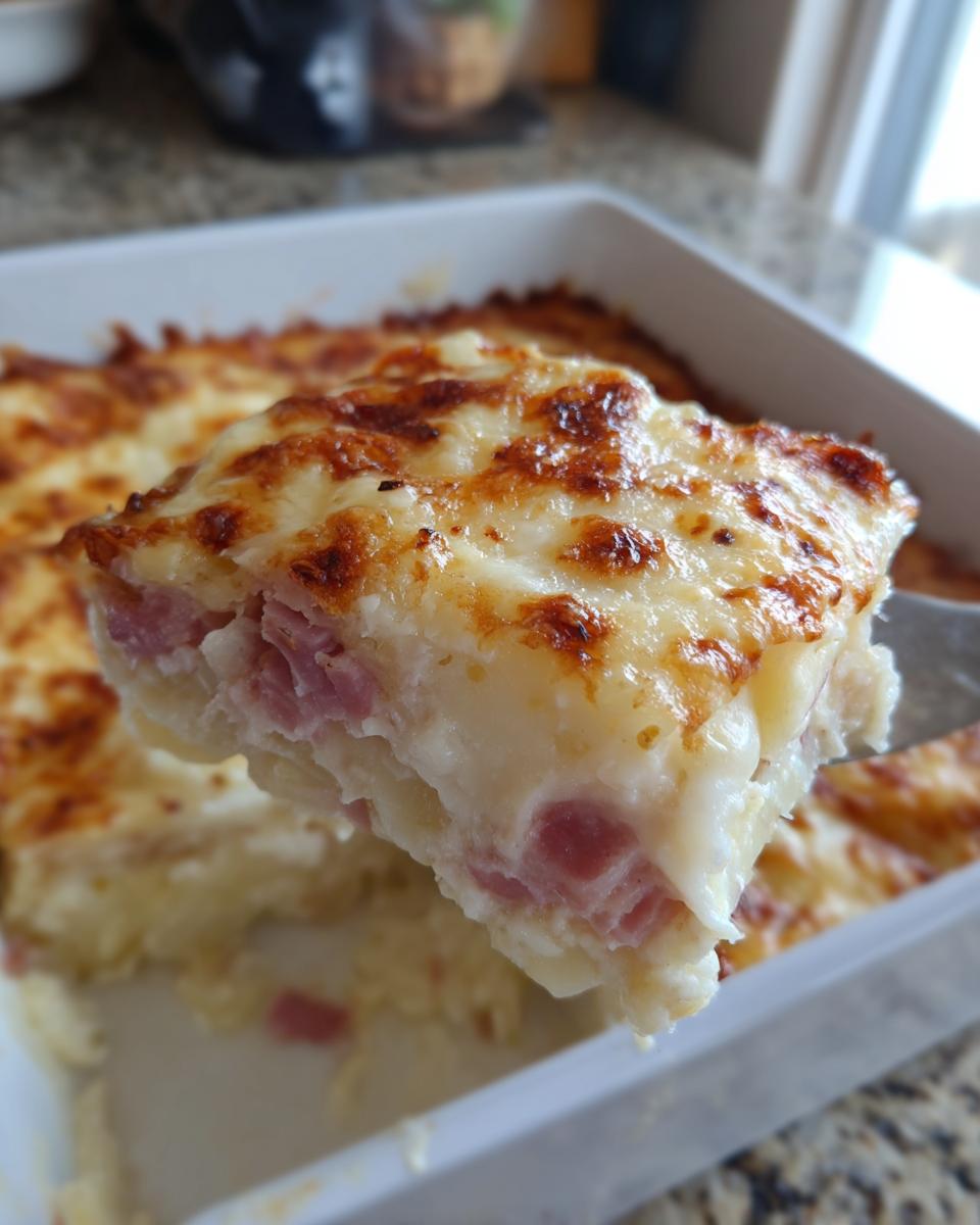 A close-up view of a serving of scalloped potatoes and ham being lifted from a white baking dish, showing layers of potato, ham, and creamy cheese sauce.