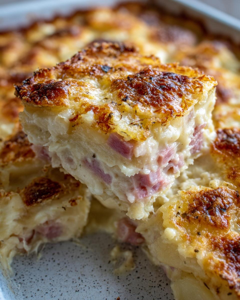 Close-up of a square serving of creamy scalloped potatoes and ham casserole with a golden-brown, bubbly cheese crust.