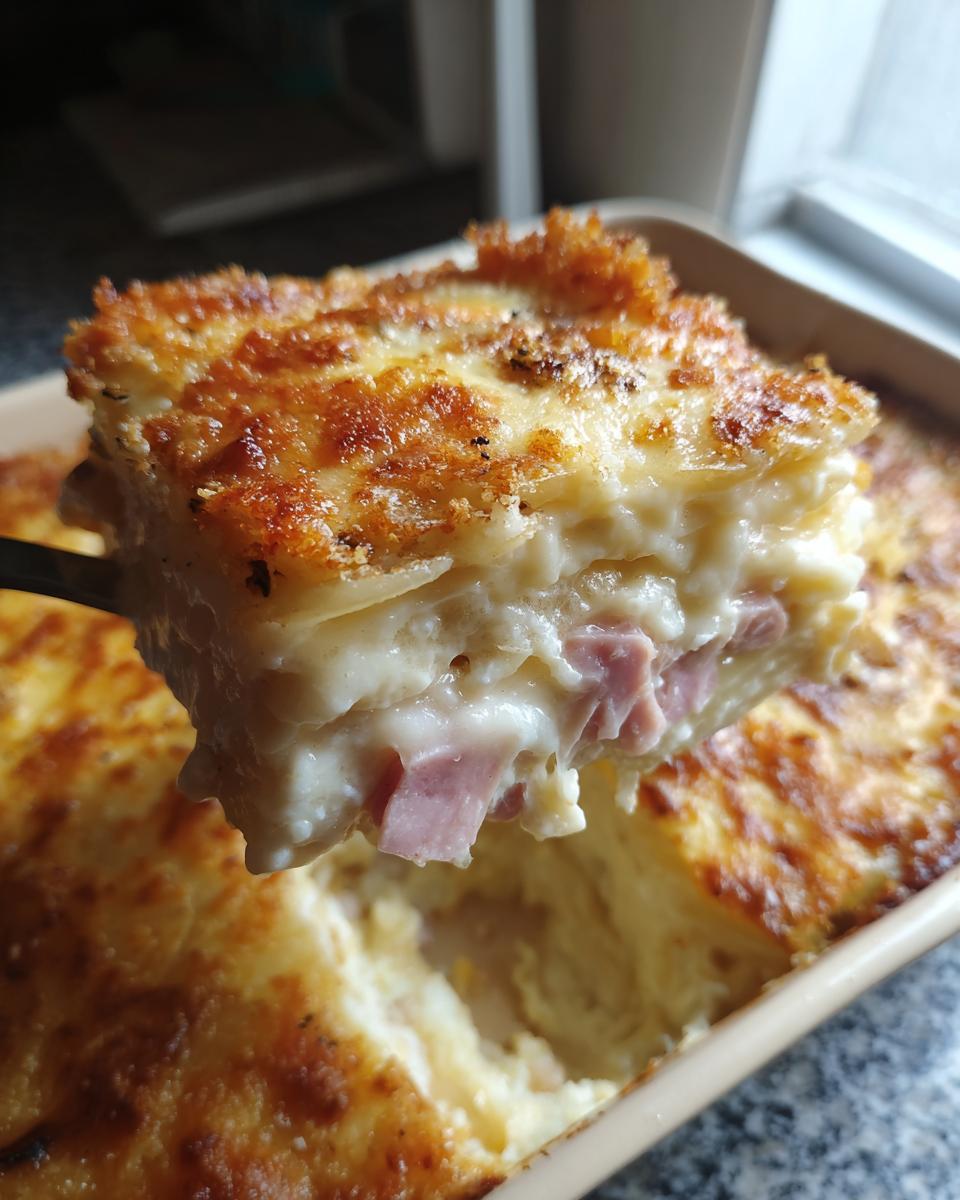 A close-up view of a square serving of creamy scalloped potatoes and ham being lifted from the baking dish.