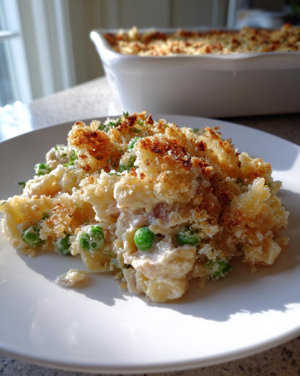 A portion of creamy tuna noodle casserole with bright green peas and a crispy breadcrumb topping on a white plate.