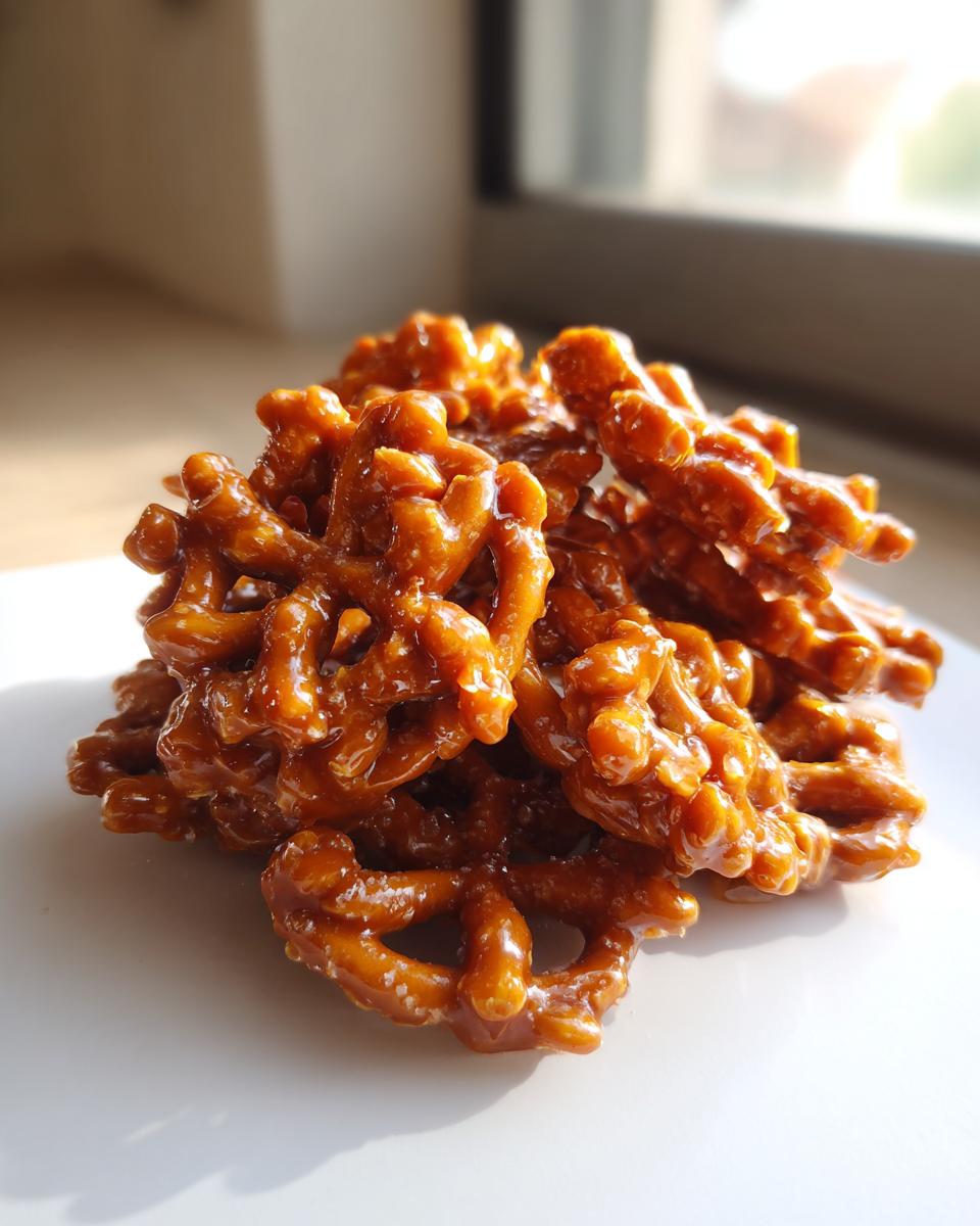 A close-up stack of crunchy, glazed toffee pretzels coated in a rich, amber toffee sauce.