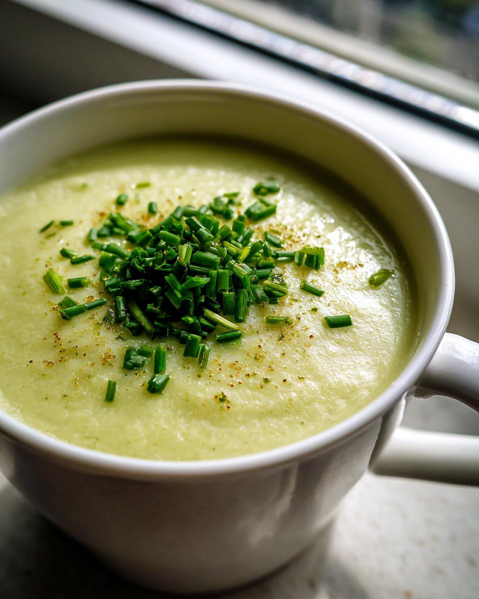 Close-up of creamy, pale green leek soup in a white mug, garnished generously with chopped chives.