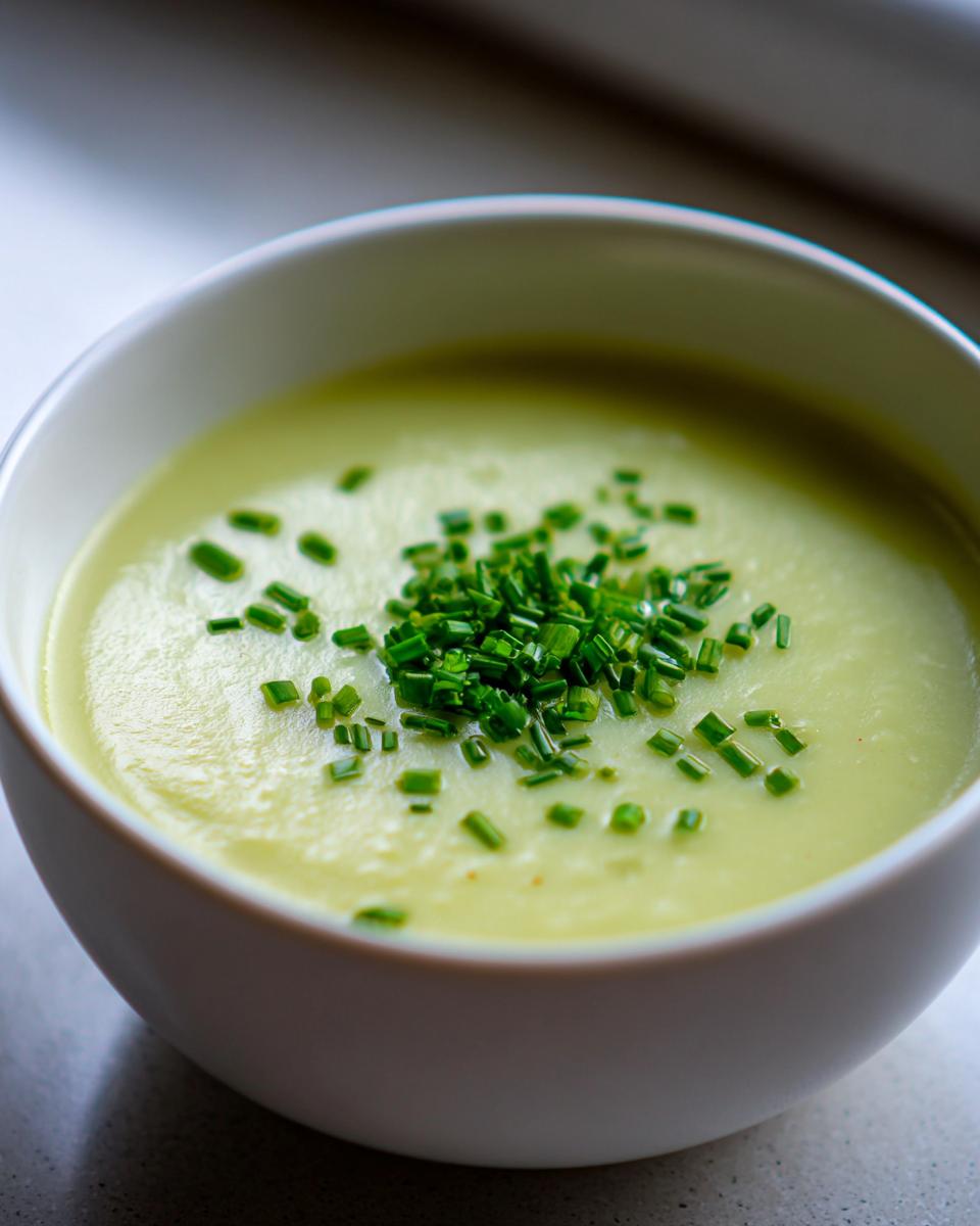 Close-up of a bowl of creamy, pale green leek soup garnished generously with fresh chopped chives.