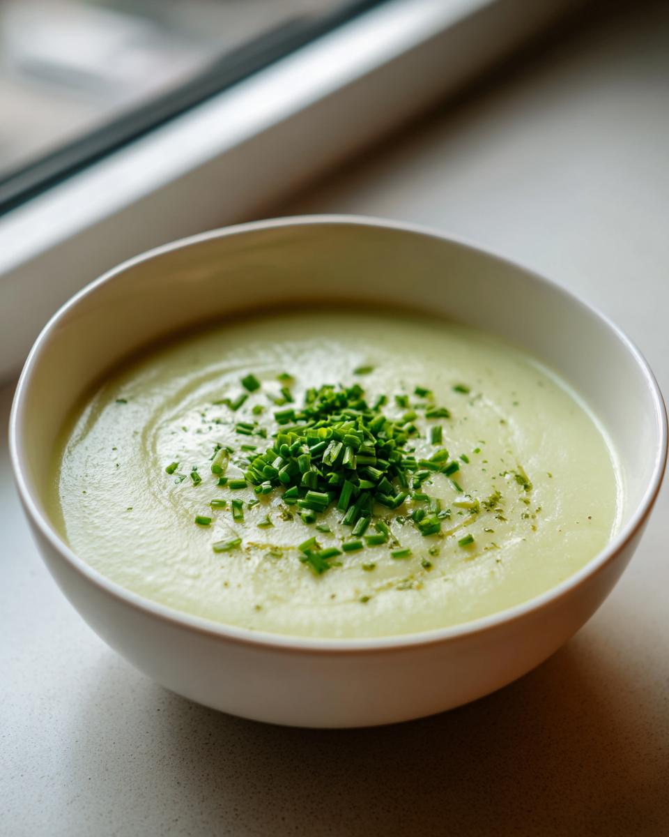 Close-up of a bowl of creamy, pale green leek soup topped with fresh, finely chopped chives.