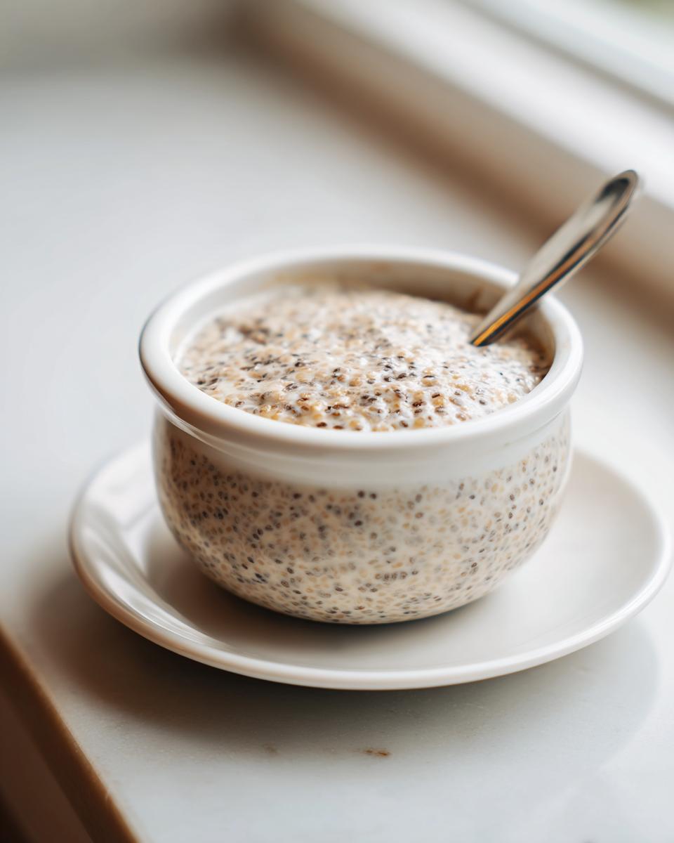Close-up of creamy chia seed pudding in a small white bowl with a spoon, set on a saucer by a window.