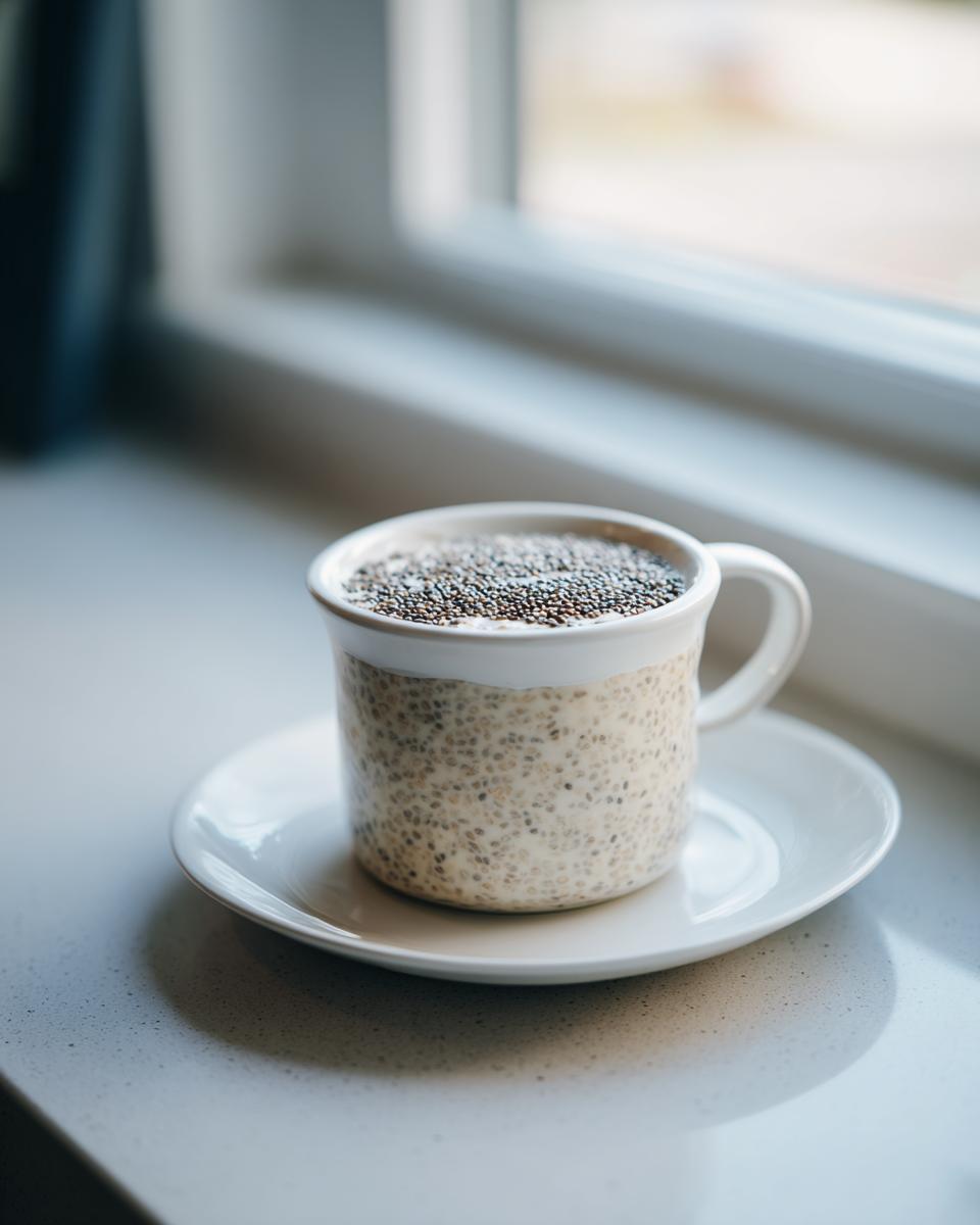 A serving of creamy chia seed pudding topped with dry chia seeds in a speckled white mug.