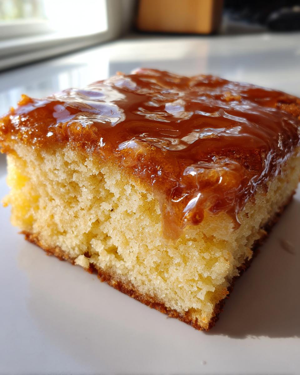 A close-up of a square slice of soft maple donut bars topped with a thick, shiny maple glaze.