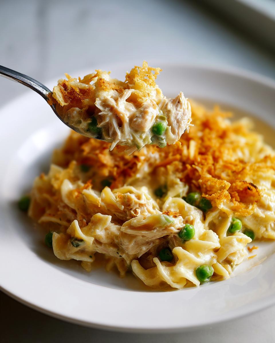 A spoonful of creamy tuna noodle casserole topped with crispy breadcrumbs is lifted above the main dish.