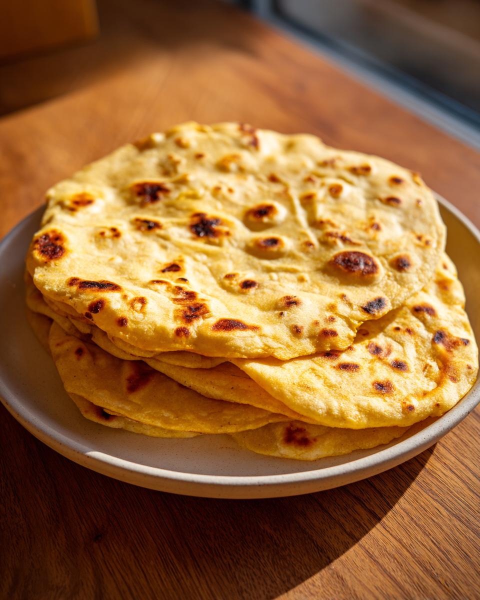 A stack of warm, golden yellow corn tortillas with lightly charred spots, resting on a light plate.