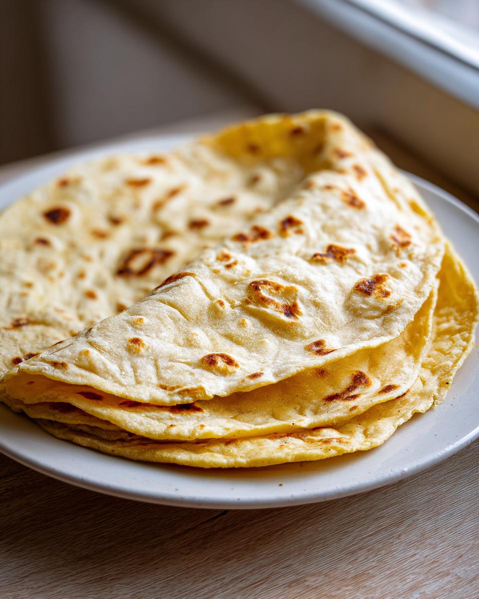 A stack of warm, freshly cooked corn tortillas with golden-brown spots resting on a white plate.